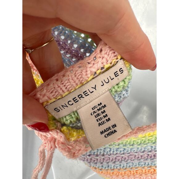 Sincerely Jules Top Medium Colorful Crochet Rainbow Pastel Striped Knit Halter - Picture 3 of 7